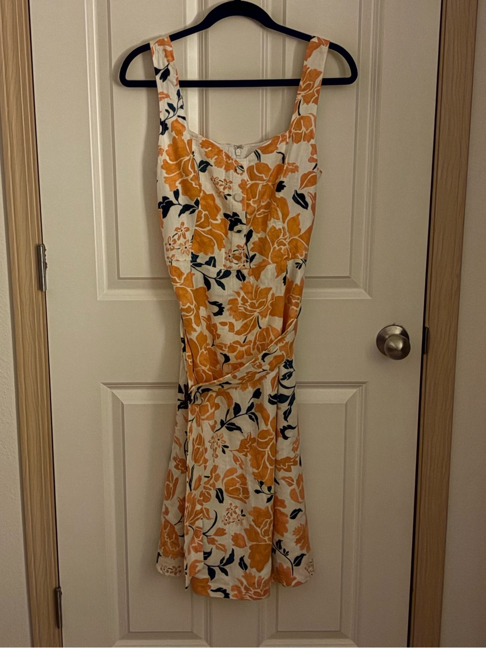 Ann Taylor Cream Midi Dress with Yellow Floral and Navy Accents